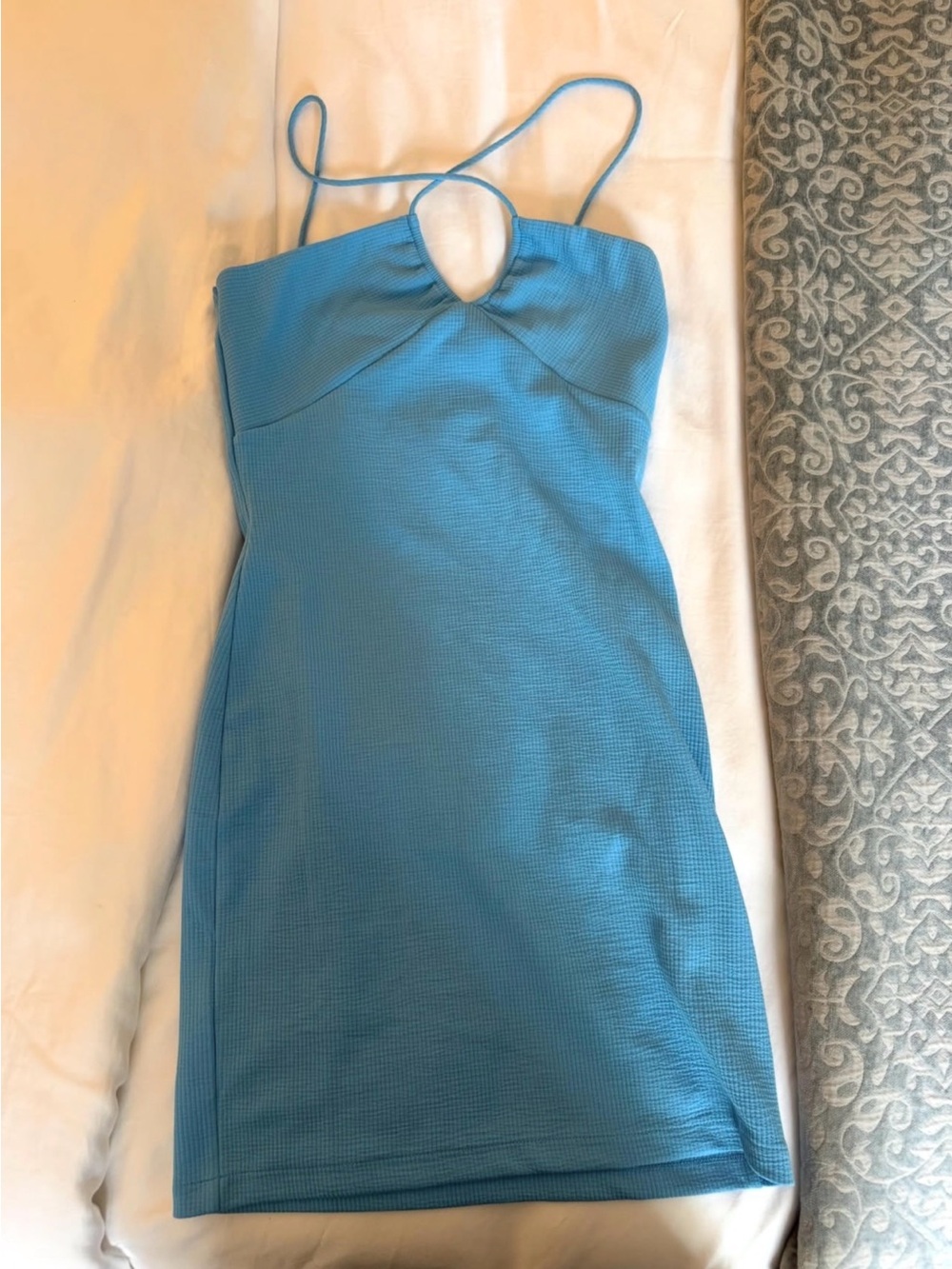 Blue Spaghetti-Strap Keyhole Mini Dress